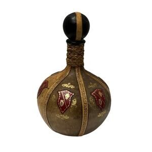 Old World Leather Flask Bottle with Heraldic Shields Vintage Home Décor